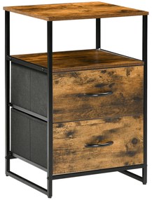 HOMCOM Mesa Auxiliar com 2 Gavetas Dobráveis Prateleira Aberta e Estrutura de Aço Mesa de Cabeceira 45x40x70,5 cm Castanho Rústico