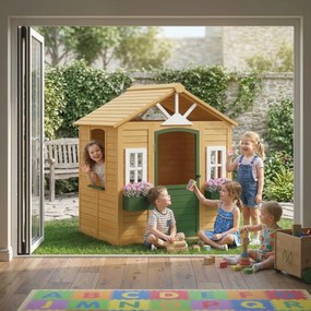 Casa de brincar infantil de exterior em madeira 134,5 x 97 x 150 cm, casinha infantil de exterior com porta, janelas, 2 floreiras, castanha