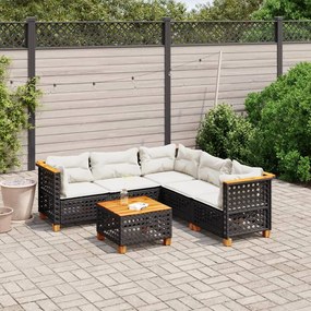 6 pcs conjunto sofás de jardim c/ almofadões vime PE preto