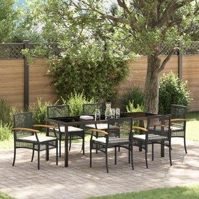 vidaXL Conjunto de Jantar de Jardim de 7 Peças com Almofadas Preto Vime PE