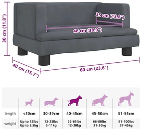 Cama para cães 60x40x30 cm veludo cinzento-escuro