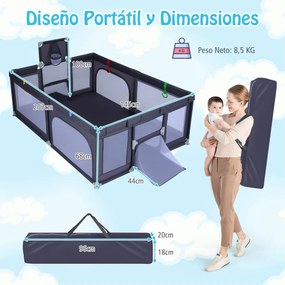 Parque infantil grande e seguro 207 x 145 x 68 cm com cesto de basquetebol e redes de futebol, argolas para lançar e bolas oceânicas, portas cinza esc