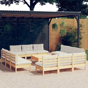 vidaXL 13 pcs conjunto lounge jardim c/ almofadões cor creme pinho