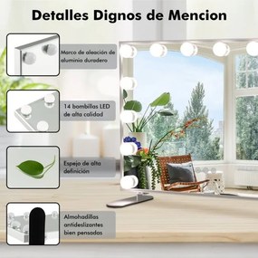 Espelho de maquilhagem iluminado com LED 2 em 1 Espelho de mesa e de parede Espelho retangular para toucador com 3 modos de iluminação Controlo tátil