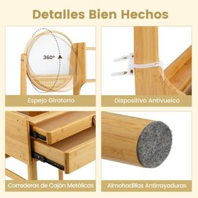 Toucador pequeno com espelho para maquilhagem 60 cm x 46,5 cm x 122 cm com 2 gavetas e prateleiras abertas Natural
