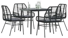 vidaXL Conjunto de jantar jardim 5 peças almofadas vidro vime PE preto
