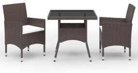 vidaXL 3 pcs conj. jantar p/ jardim vime PE e vidro temperado castanho