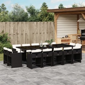 15 pcs conjunto de jantar p/jardim com almofadões vime PE preto