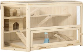 Pawhut Gaiola de Madeira para Hamster 115x60x55 cm Gaiola para Roedores e Animais Pequenos 3 Níveis Teto Bandeja Removível e 3 Rampas | Aosom Portugal