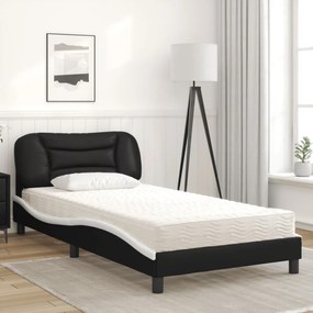 Cama com colchão 100x200 cm couro artificial preto e branco