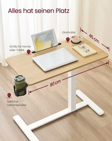 Mesa auxiliar móvel com rodas e suportes para bebidas 80 x 45 x (65-102) cm, em tom de carvalho dourado
