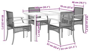 5 pcs conjunto de jantar p/ jardim c/ almofadões vime PE cinza