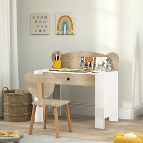 Secretária infantil com cadeira, mesa infantil e cadeira com gaveta e tampo largo, 80 x 41 x 74,5 cm, madeira natural