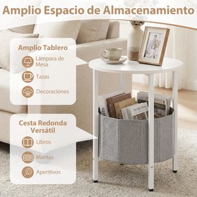 Mesa apoio redonda 44 x 60,5 cm para espaços pequenos de dois níveis com cesto de tecidoEstrutura metálica para sala de estar e quarto cinzenta