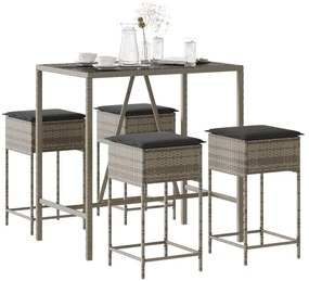 vidaXL 5 pcs conjunto de bar p/ jardim c/ almofadões vime PE cinzento