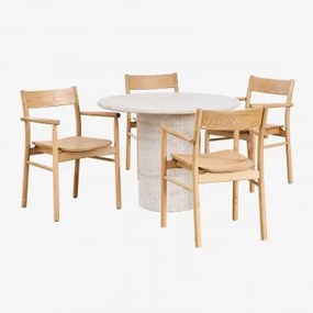 Conjunto De Mesa Redonda Velia Em Cimento Travertino (ø100 Cm) E 4 Cadeiras De Jantar Em Madeira De Carvalho Mara Signature Travertine - Sklum