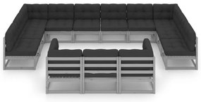 13 pcs conj. lounge jardim c/ almofadões pinho maciço cinzento