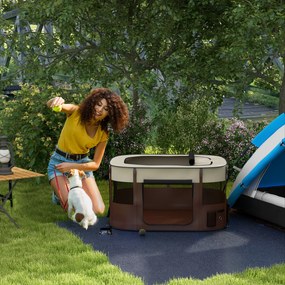 Parque dobrável para animais de estimação 114 x 89 x 59 cm, parque para cachorros em tecido Oxford com janelas e portas, saco de arrumação castanho