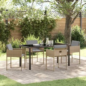 vidaXL Conjunto de Jantar de 5 Peças para Jardim com Almofadas Bege Rattan Poliéster