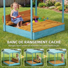 Caixa de areia infantil para crianças em madeira com tampa 134,5 x 127,5 x 130 cm, para exterior com assento dobrável em lona estampada com flamingos