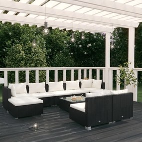 vidaXL 10 pcs conjunto lounge de jardim c/ almofadões vime PE preto