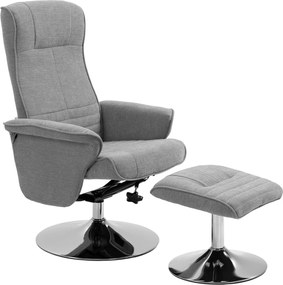 Poltrona relax reclinável a 135°, giratória a 360°, com apoio para os pés e estofo em tecido cinzento