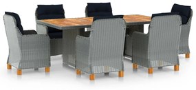 vidaXL 7 pcs conj. jantar exterior + almofadões vime PE cinzento-claro