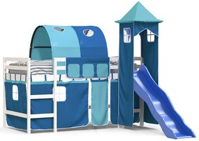 Cama alta para criança com torre 90x200 cm pinho maciço azul