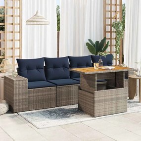 5 pcs conjunto sofás de jardim c/ almofadões vime PE cinzento