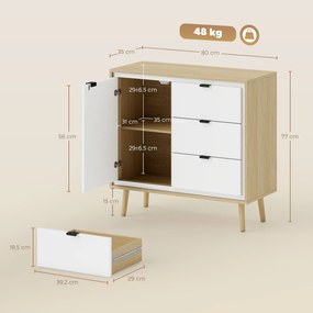 Aparador de Sala Moderno com 3 Gavetas Prateleira Ajustável e Pés em Madeira 80x35x77 cm Branco Brilhante e Carvalho
