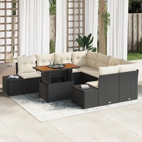 Conjunto de Sofá de Jardim de 9 Peças com Almofadas Pretas em Rattan P