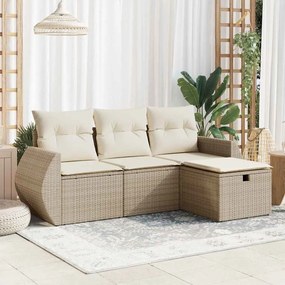 4 pcs conjunto de sofás para jardim c/ almofadões vime PE bege