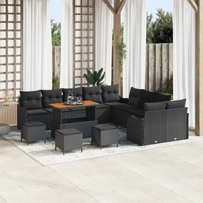 vidaXL Conjunto de Sofá de Jardim com 14 Peças e Almofadas Pretas em Rattan Sintético e Acácia.