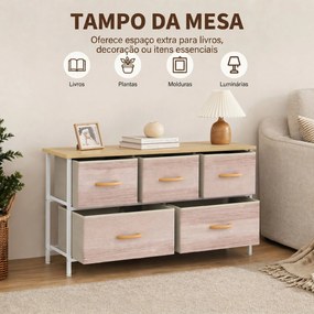 Cómoda com 5 Gavetas de Tecido Cómoda para Quarto Estrutura Metálica 100x30x51.5 cm Madeira e Branco