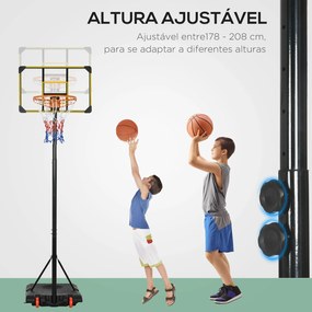 Cesta de Basquetebol com Altura Ajustável 178-208 cm Rodas Base Recarregável para Exterior 75x56x210-240 cm Amarelo e Preto
