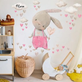 Autocolante de parede para meninas - Coelhinho aguarela em cor-de-rosa