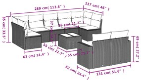 10 pcs conjunto sofás de jardim c/ almofadões vime PE preto