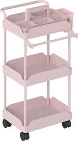 Carrinho Auxiliar com Rodas de 3 Níveis com Cestos Extraíveis Suporte para Toalhas e Estrutura de Metal 42x42,5x76 cm Rosa