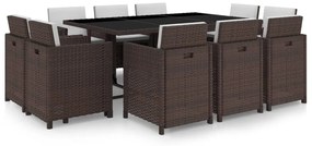 11 pcs conjunto jantar exterior com almofadões vime PE castanho