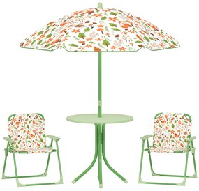 AIYAPLAY Conjunto Mesa Cadeiras Crianças Jardim Cadeiras Dobráveis Chapéu de Sol Ajustável Tema Raposas Verde Divertido | Aosom Portugal