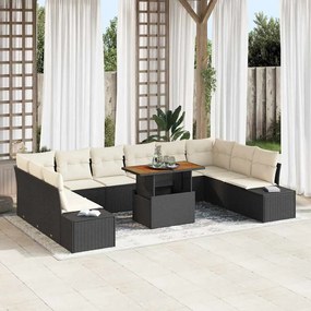 vidaXL Conjunto de Jantar para Jardim de 11 Peças com Almofadas em Polirattan Preto e Madeira de Acácia