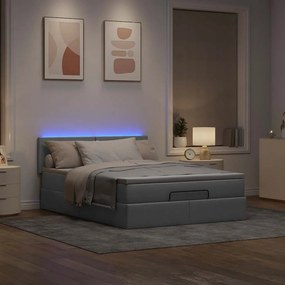 Cama Otomana com Colchão &amp; LEDs Cinzento Claro 140x190cm Tecido