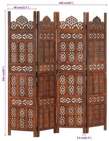 Biombo esculp mão 4 painéis 160x165cm mangueira maciça castanho