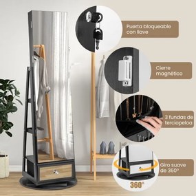 Armário para joias giratório em 360° com espelho, luzes LED, fechadura e prateleira traseira preta