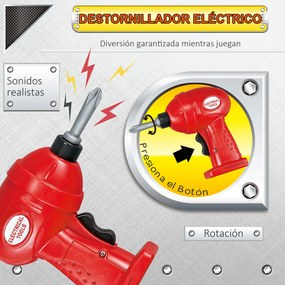 HOMCOM Bancada de Ferramentas para Crianças acima de 3 Anos Inclui 55 peças com Berbequim Elétrico Chave Inglesa Alicates Brinquedo de Aprendizagem 69x26,5x75cm Multicor
