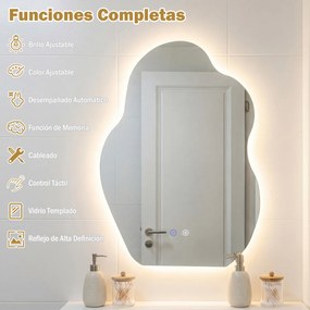 Espelho de casa de banho LED assimétrico com 3 luzes 70 x 50 x 3,5 cm, intensidade regulável, função antiembaciamento e vidro temperado prateado