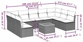 10 pcs conjunto sofás p/ jardim c/ almofadões vime PE cinzento