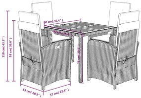 5 pcs conjunto de jantar p/ jardim c/ almofadões vime PE preto