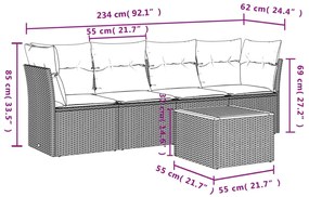 5 pcs conjunto sofás de jardim c/ almofadões vime PE cinzento