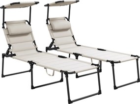 Outsunny Conjunto de 2 espreguiçadeiras dobráveis de grande conforto com encosto e proteção solar ajustáveis em várias posições, creme | Aosom Portugal
